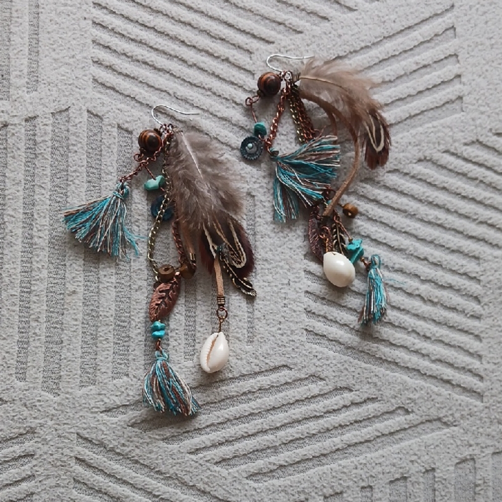 Bohemian Teal Tassel & Feather Dangle Earrings